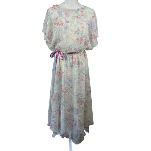 Jeri Modes Vintage 70s Sheer Chiffon Floral Midi Dress Womens M‎ Pink Tie Waist - Picture 1 of 12